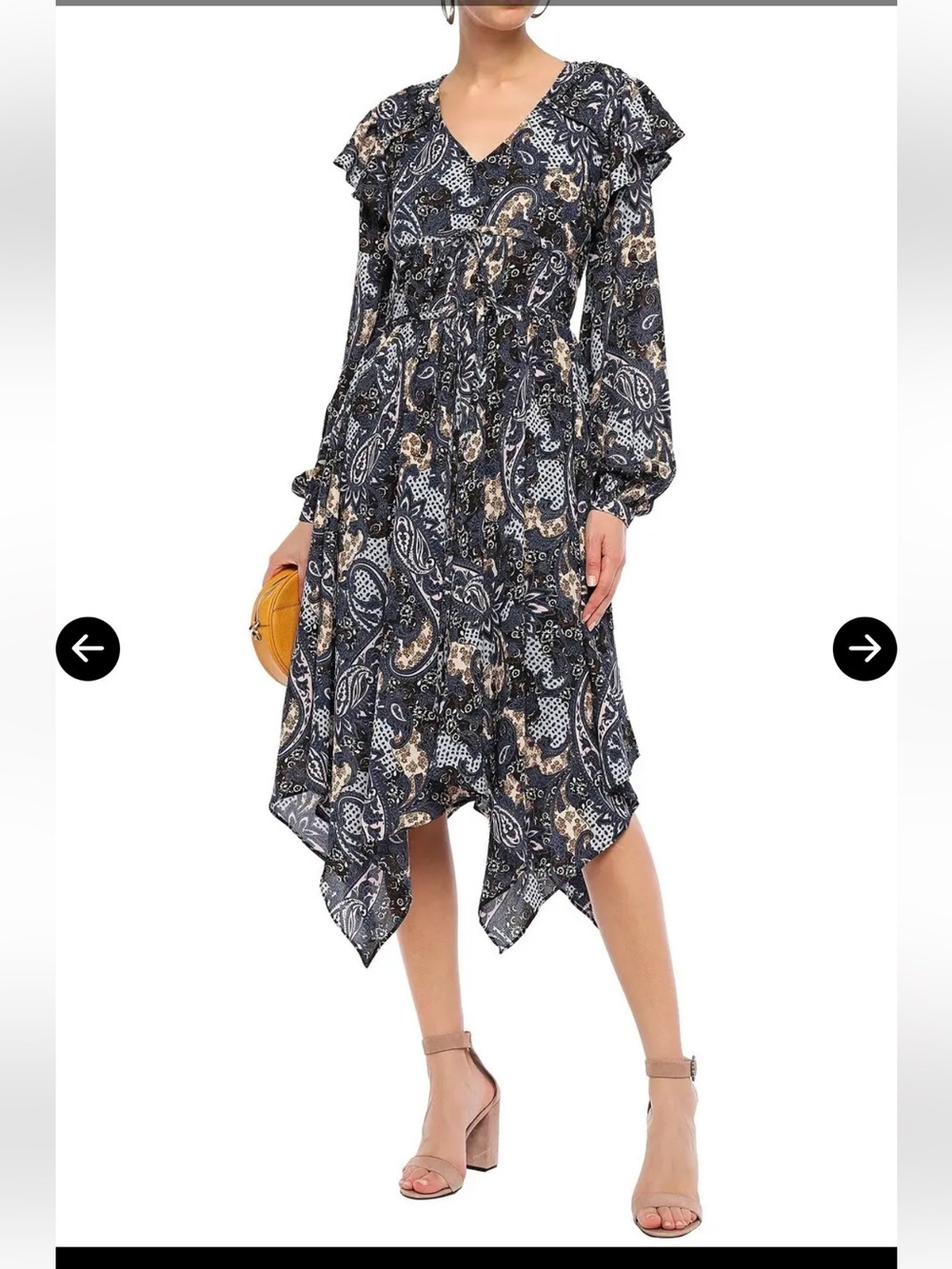 Walter Baker Women's Blue V-Neck Long Sleeve Paisley Midi Dress Size 2
